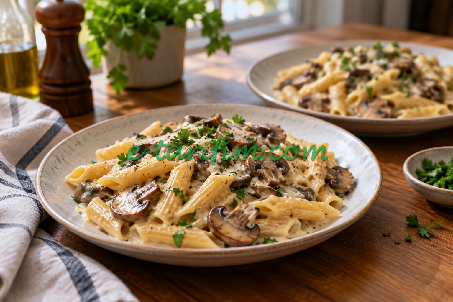 Krema, mantar dilimleri ve parmesanla hazırlanmış iki tabak penne makarna; temsili yemek görseli