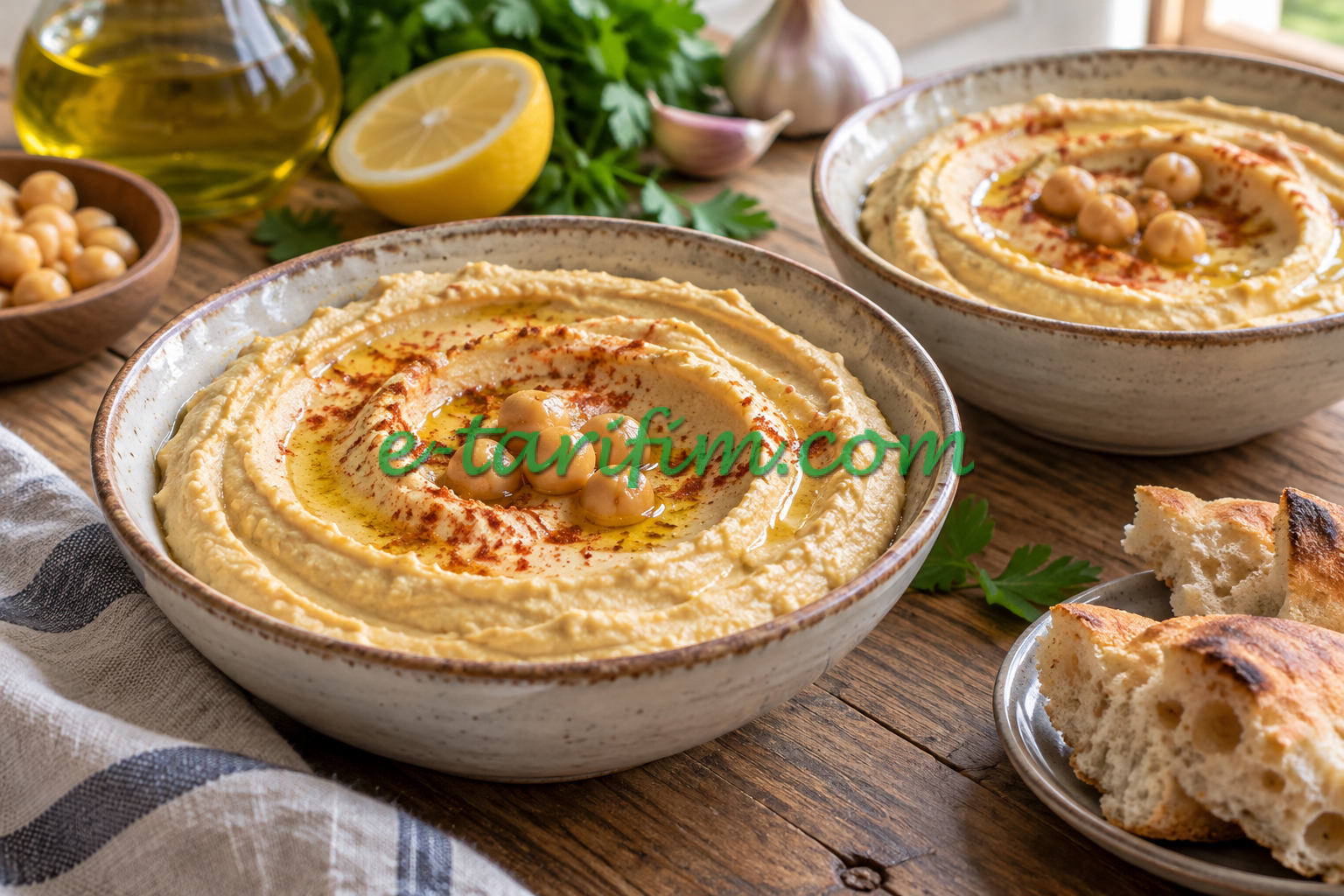 Nohut, tahin ve limonla hazırlanmış iki küçük kase humus; temsili yemek görseli