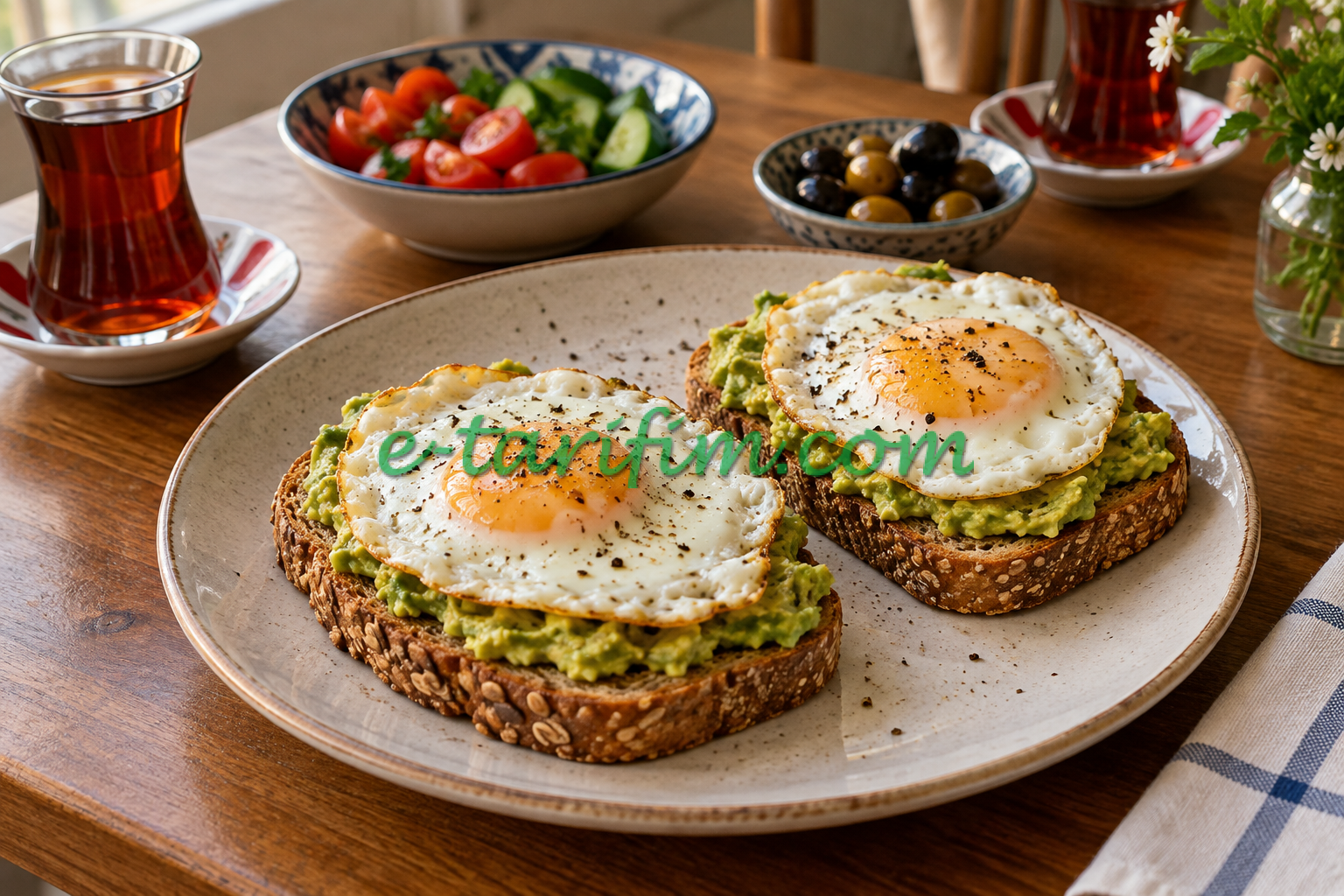 Avokado ezmesi ve tavada pişmiş yumurtayla hazırlanan iki açık tost; temsili yemek görseli