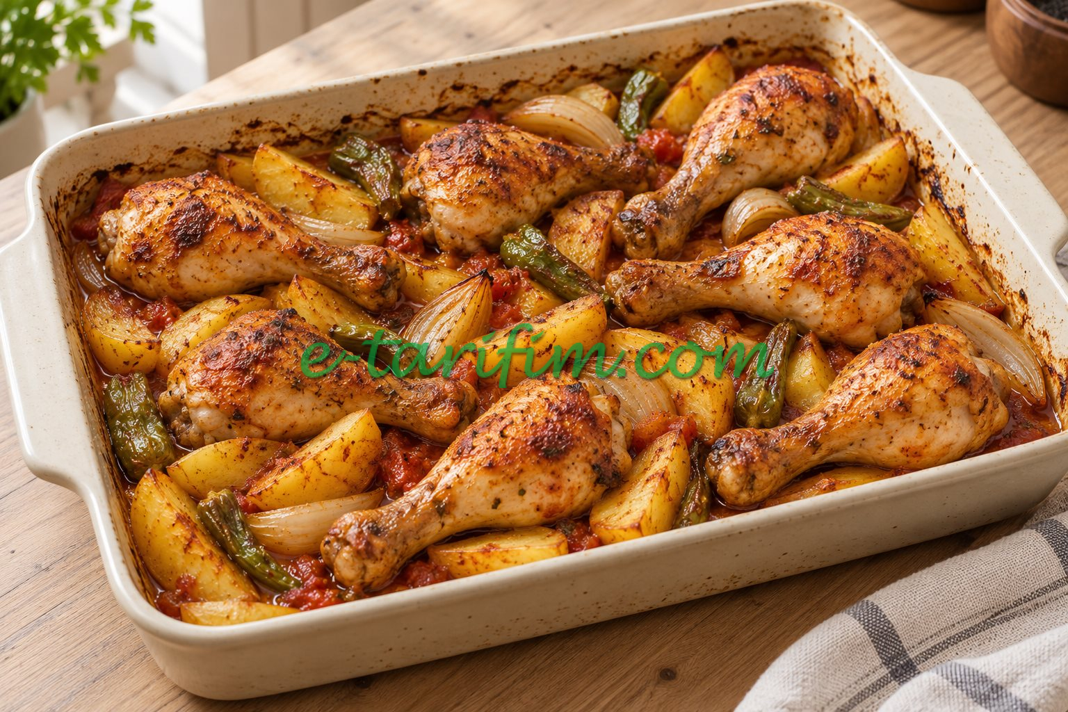 Patates, soğan ve yeşil biberle fırında kızarmış soslu tavuk baget
